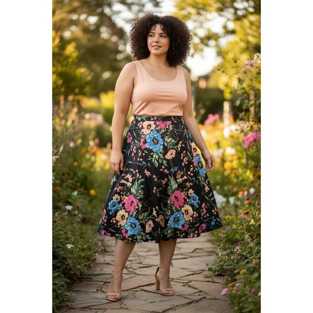 Willi Smith Women's Black Floral Mid Length Skirt